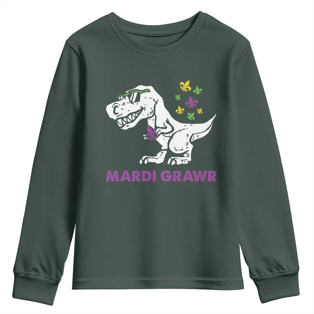 Mardi Gras Grawr Dinosaur Youth Sweatshirt Fat Tuesday Kids TS10 Dark Forest Green Print Your Wear
