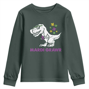 Mardi Gras Grawr Dinosaur Youth Sweatshirt Fat Tuesday Kids TS10 Dark Forest Green Print Your Wear