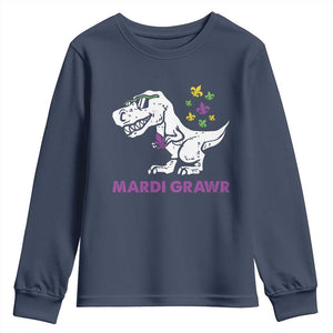 Mardi Gras Grawr Dinosaur Youth Sweatshirt Fat Tuesday Kids TS10 Navy Print Your Wear