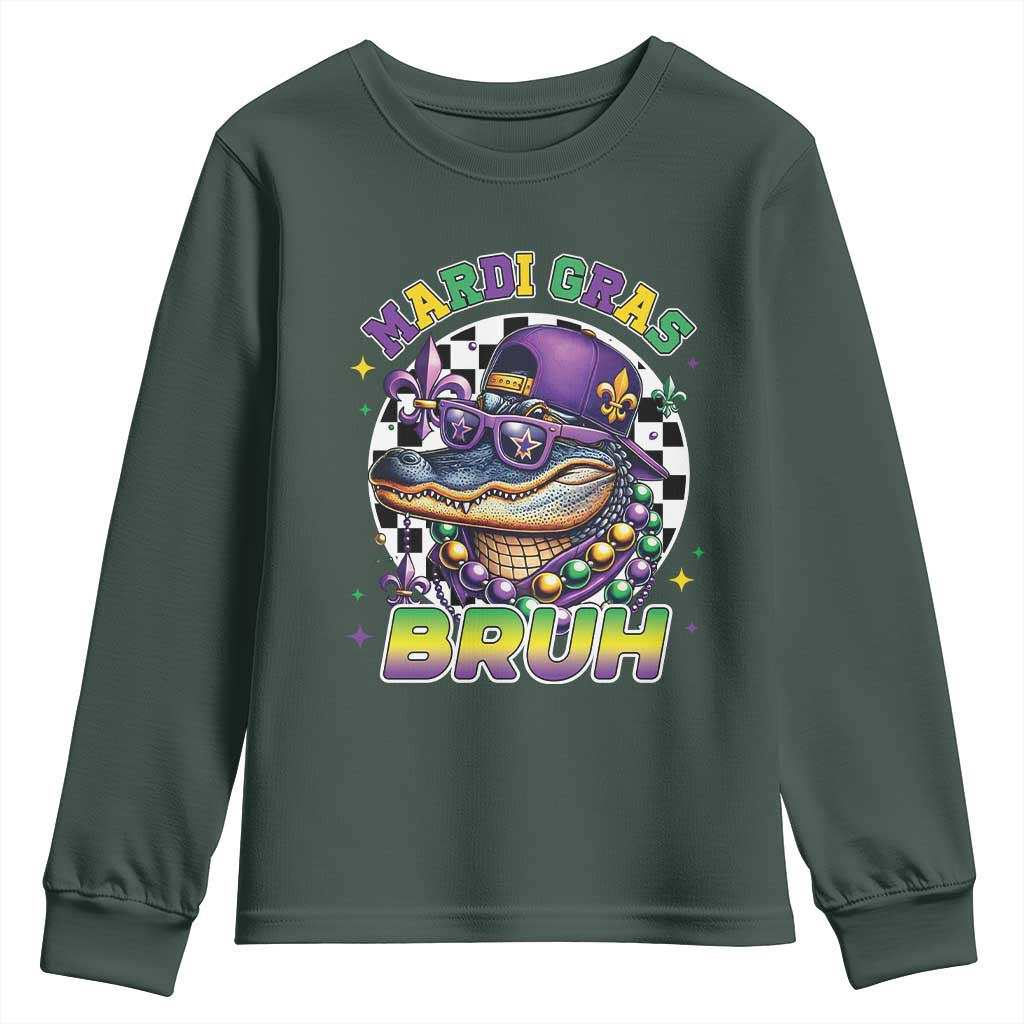 Bruh Mardi Gras Crocodile Youth Sweatshirt Alligator Costume Teens Boys Kids TS10 Dark Forest Green Print Your Wear