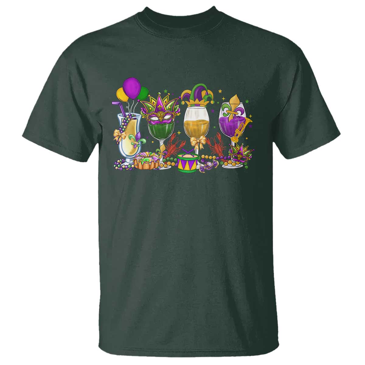 Mardi Gras Drinking Party T Shirt Fat Tuesday Wine Beads Carnival TS10 Dark Forest Green Print Your Wear