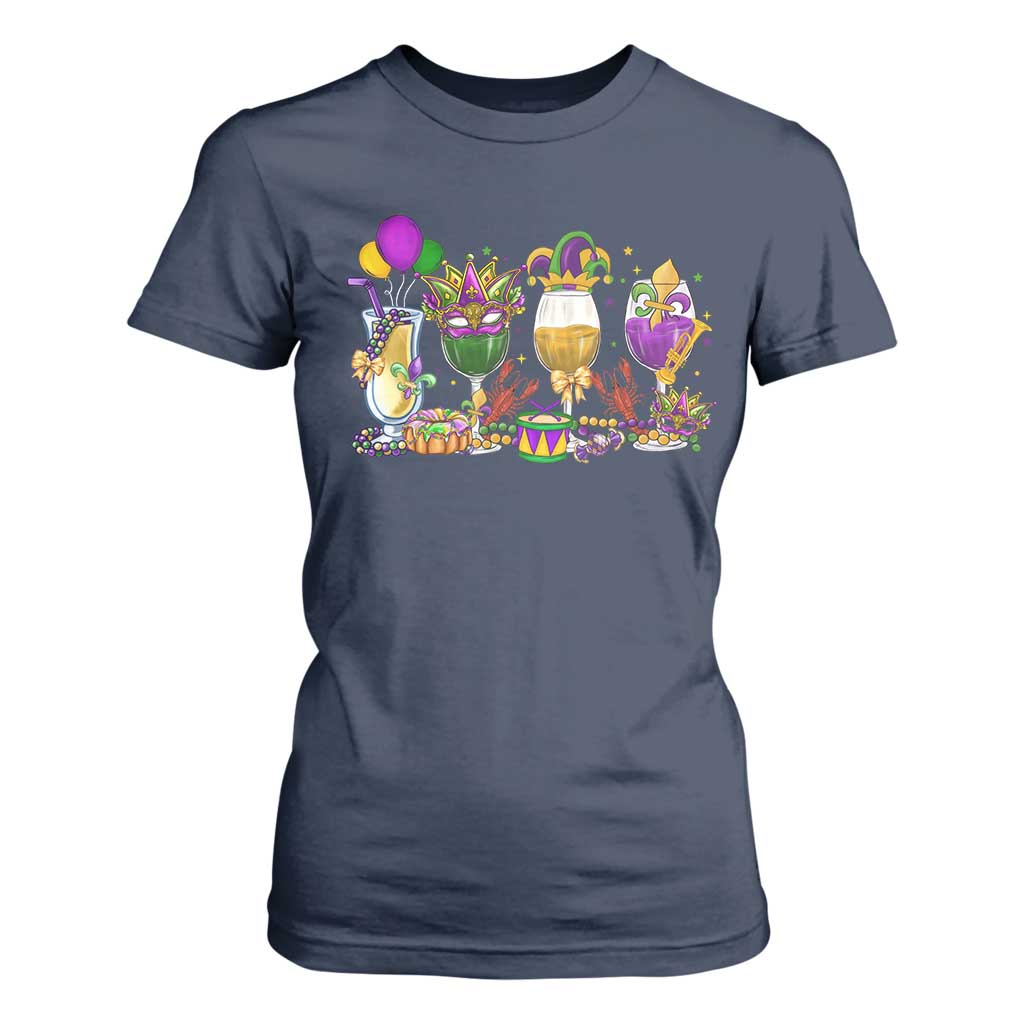 Mardi Gras Drinking Party T Shirt For Women Fat Tuesday Wine Beads Carnival TS10 Navy Print Your Wear