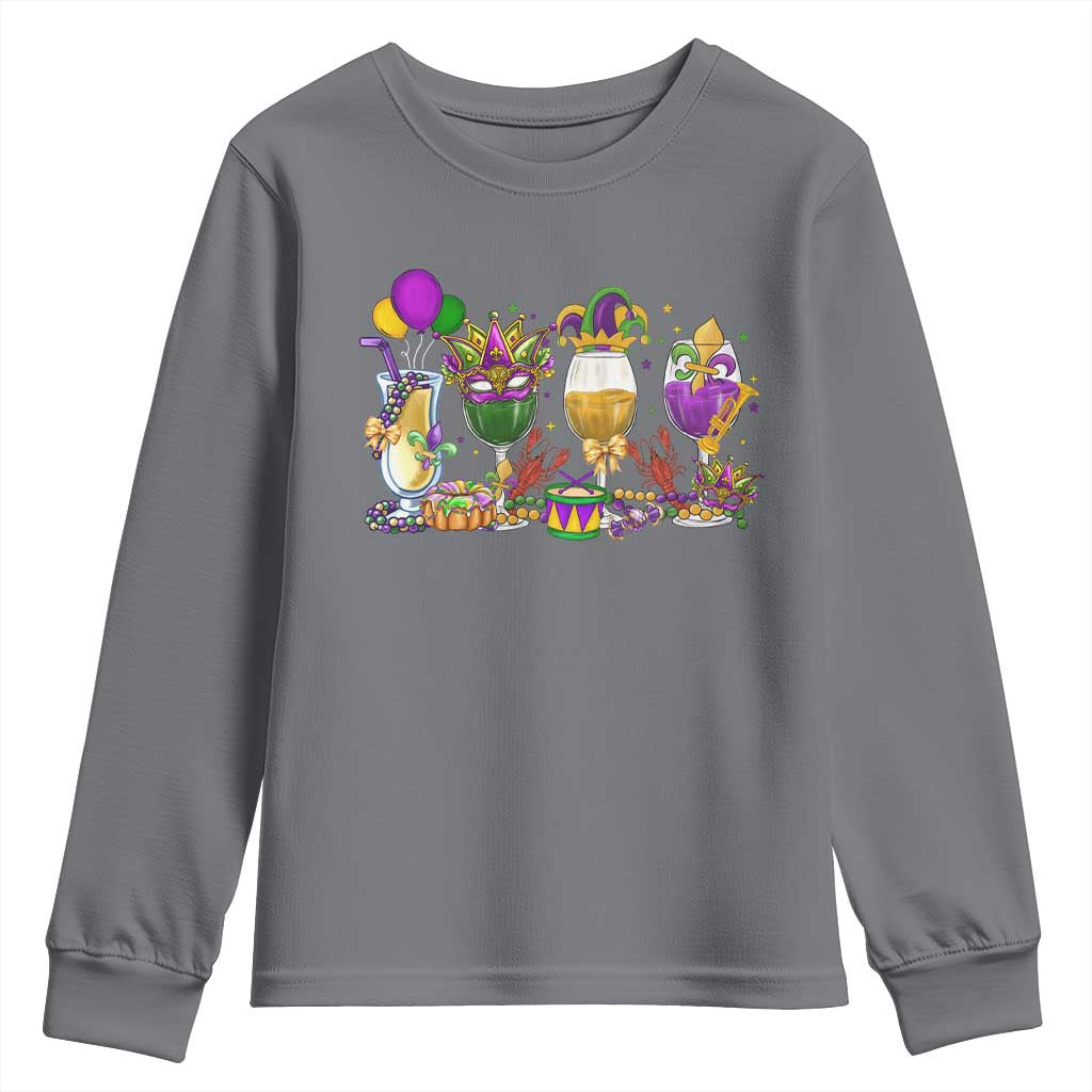 Mardi Gras Drinking Party Youth Sweatshirt Fat Tuesday Wine Beads Carnival TS10 Charcoal Print Your Wear