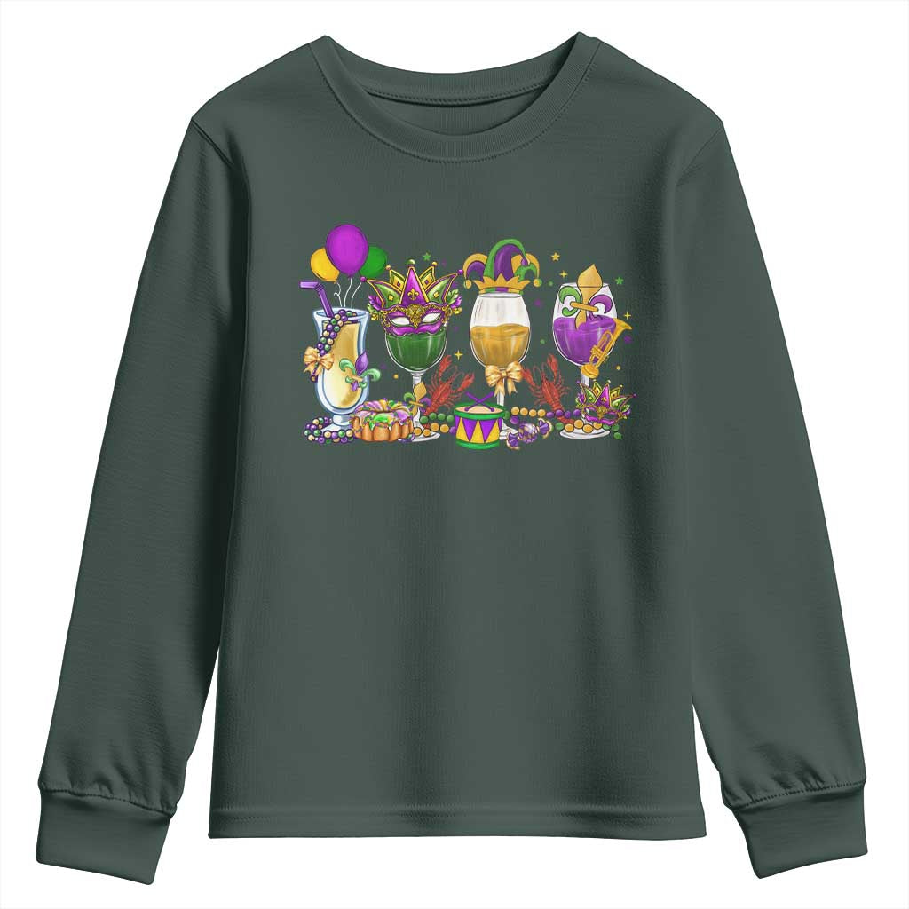 Mardi Gras Drinking Party Youth Sweatshirt Fat Tuesday Wine Beads Carnival TS10 Dark Forest Green Print Your Wear