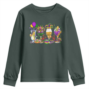 Mardi Gras Drinking Party Youth Sweatshirt Fat Tuesday Wine Beads Carnival TS10 Dark Forest Green Print Your Wear