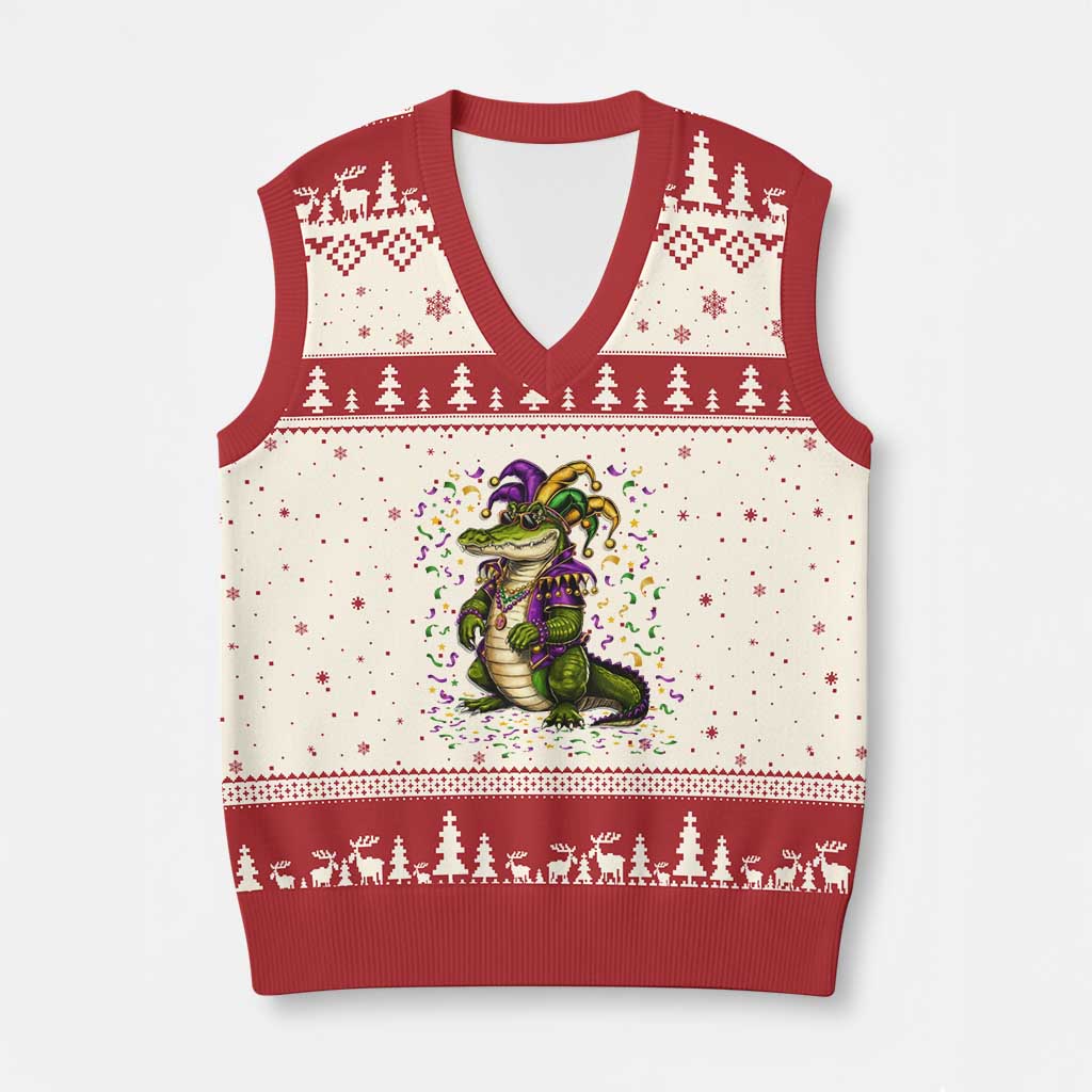 Mardigator Mardi Gras V-Neck Knit Sweater Vest Alligator Louisiana New Orleans Party Custume Beads TS10 Beige Red Print Your Wear