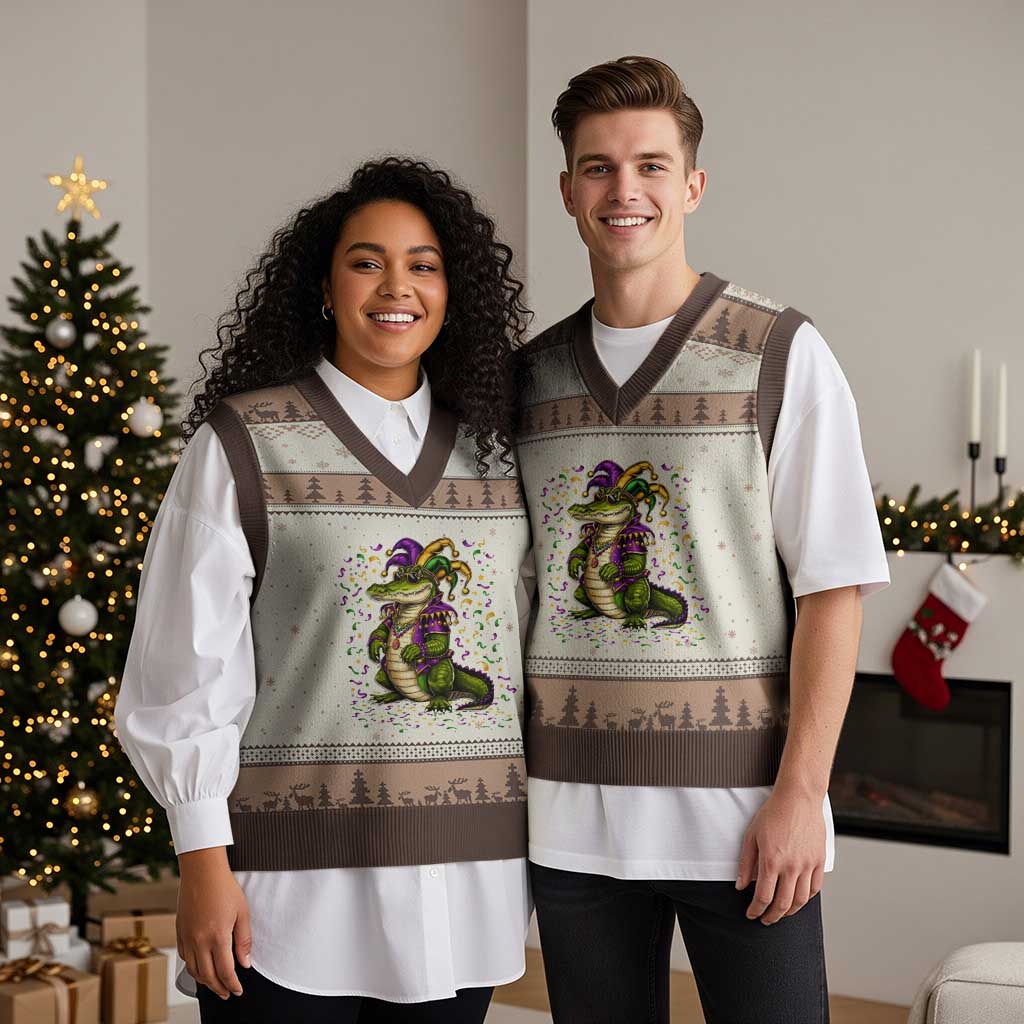 Mardigator Mardi Gras V-Neck Knit Sweater Vest Alligator Louisiana New Orleans Party Custume Beads TS10 Mocha Mousse Print Your Wear