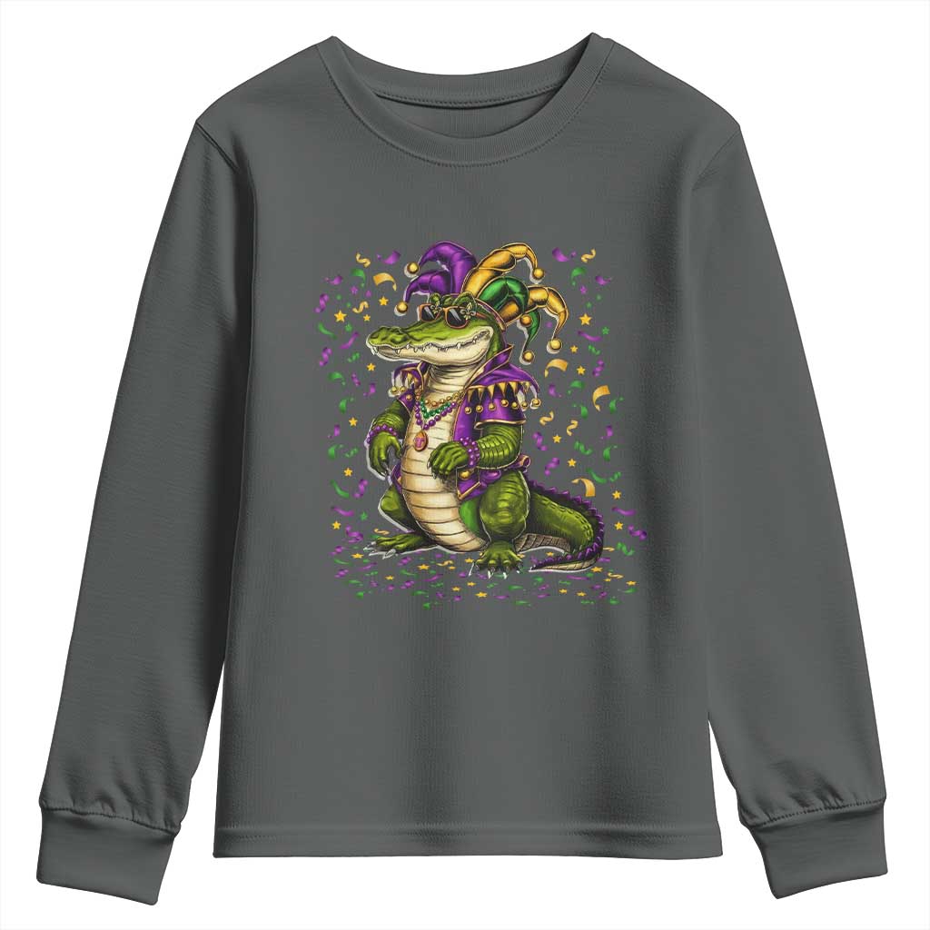 Mardigator Mardi Gras Youth Sweatshirt Alligator Louisiana New Orleans Party Custume Beads TS10 Dark Heather Print Your Wear