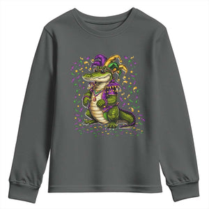 Mardigator Mardi Gras Youth Sweatshirt Alligator Louisiana New Orleans Party Custume Beads TS10 Dark Heather Print Your Wear
