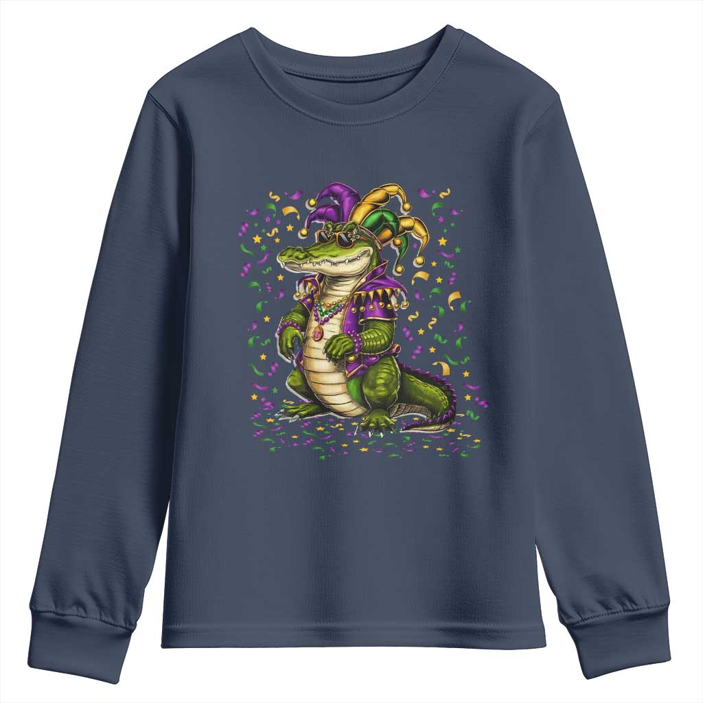 Mardigator Mardi Gras Youth Sweatshirt Alligator Louisiana New Orleans Party Custume Beads TS10 Navy Print Your Wear