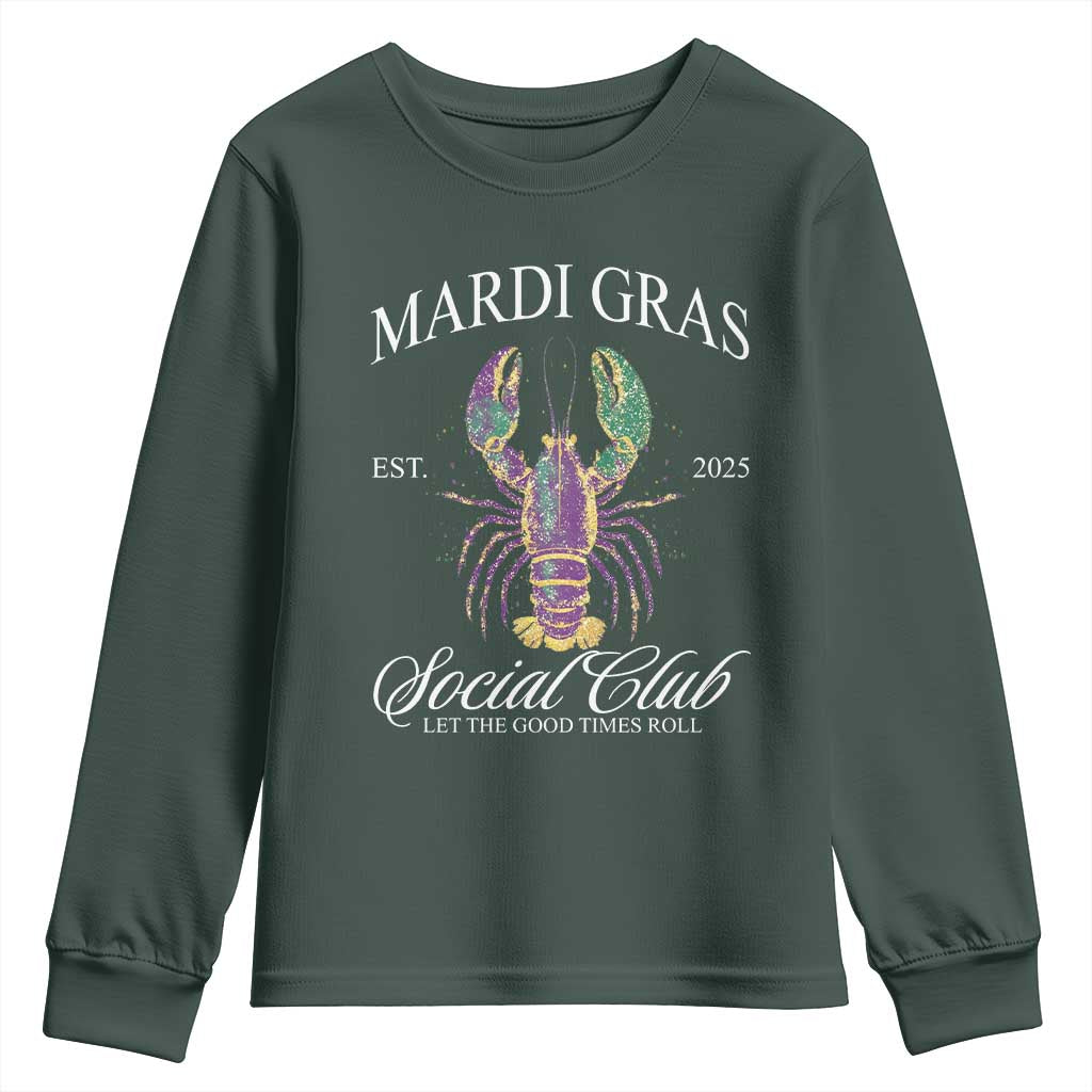 Mardi Gras Youth Sweatshirt The Carnival Social Club Louisiana Crawfish Glitter Print TS10 Dark Forest Green Print Your Wear