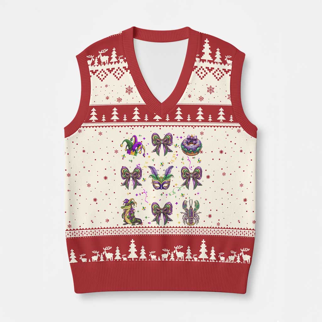 Mardi Gras Coquette V-Neck Knit Sweater Vest Glitter Print Louisiana New Orleans Party Custume Beads TS10 Beige Red Print Your Wear