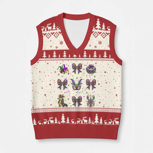 Mardi Gras Coquette V-Neck Knit Sweater Vest Glitter Print Louisiana New Orleans Party Custume Beads TS10 Beige Red Print Your Wear