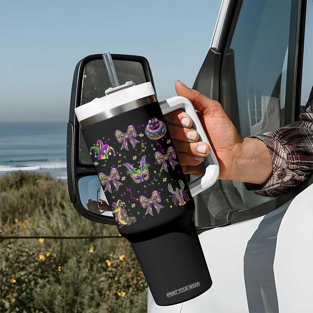 Mardi Gras Coquette Tumbler With Handle Glitter Print Louisiana New Orleans Party Custume Beads TS10 Print Your Wear