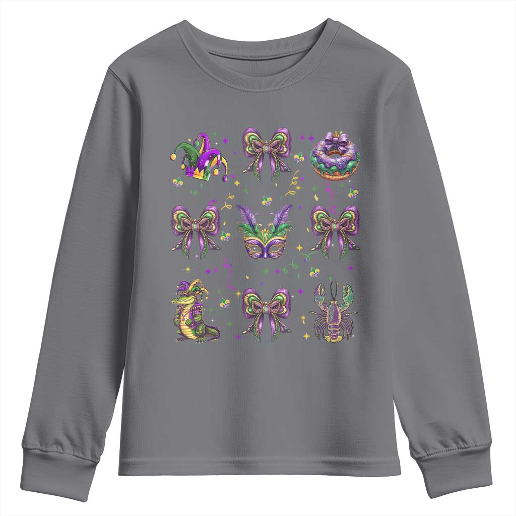 Mardi Gras Coquette Youth Sweatshirt Glitter Print Louisiana New Orleans Party Custume Beads TS10 Charcoal Print Your Wear