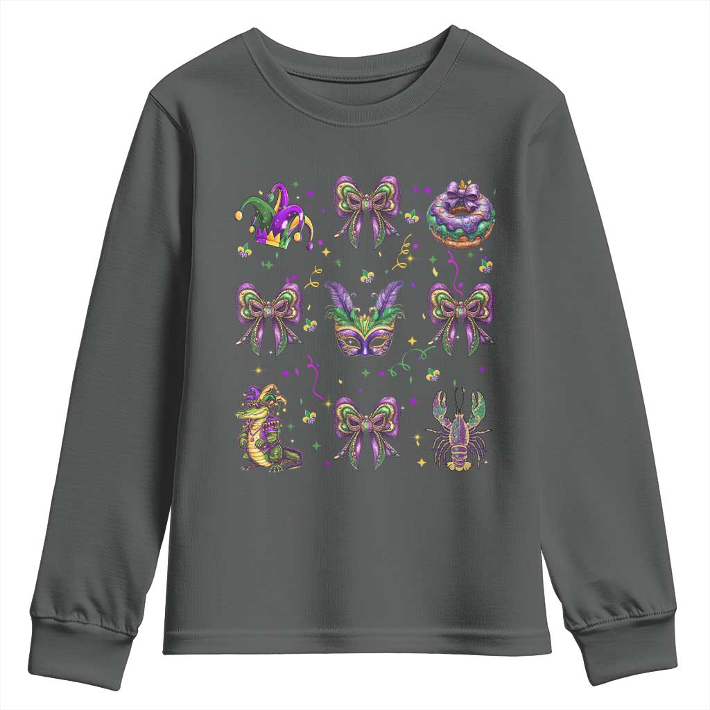 Mardi Gras Coquette Youth Sweatshirt Glitter Print Louisiana New Orleans Party Custume Beads TS10 Dark Heather Print Your Wear