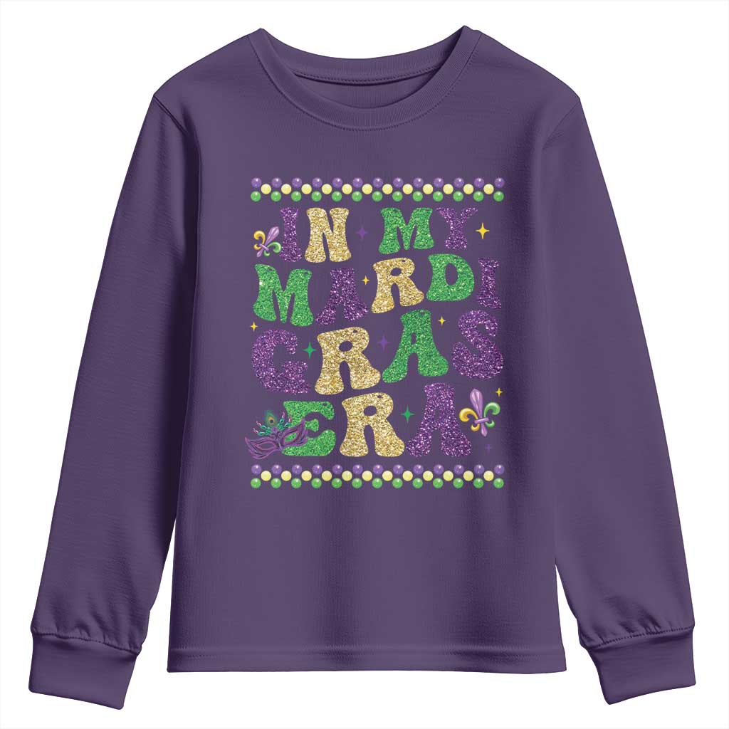 In My Mardi Gras Era Youth Sweatshirt Carnival New Orleans Trip Glitter Print TS10 Purple Print Your Wear