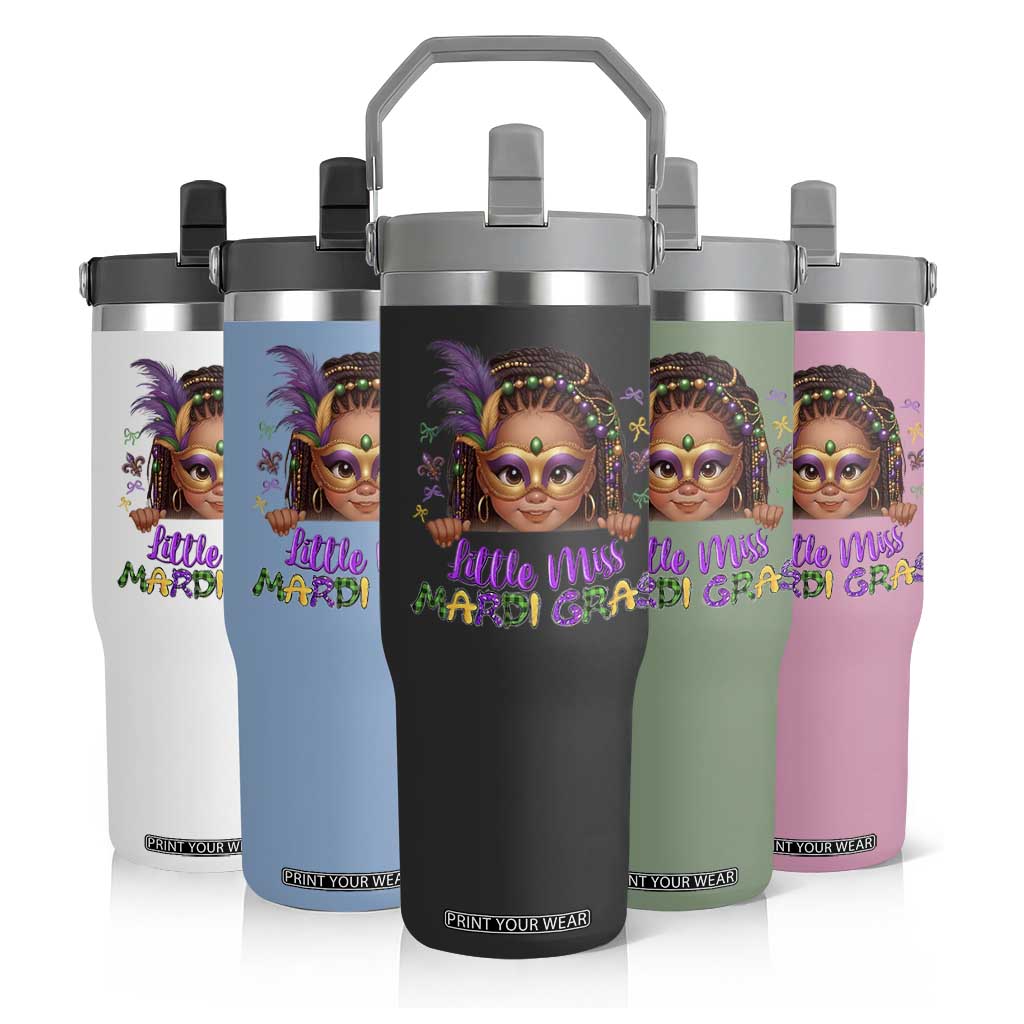 Little Miss Mardi Gras Flip Straw Tumbler Afro Messy Bun Girls Kids Mask Cute New Orleans TS10 Print Your Wear