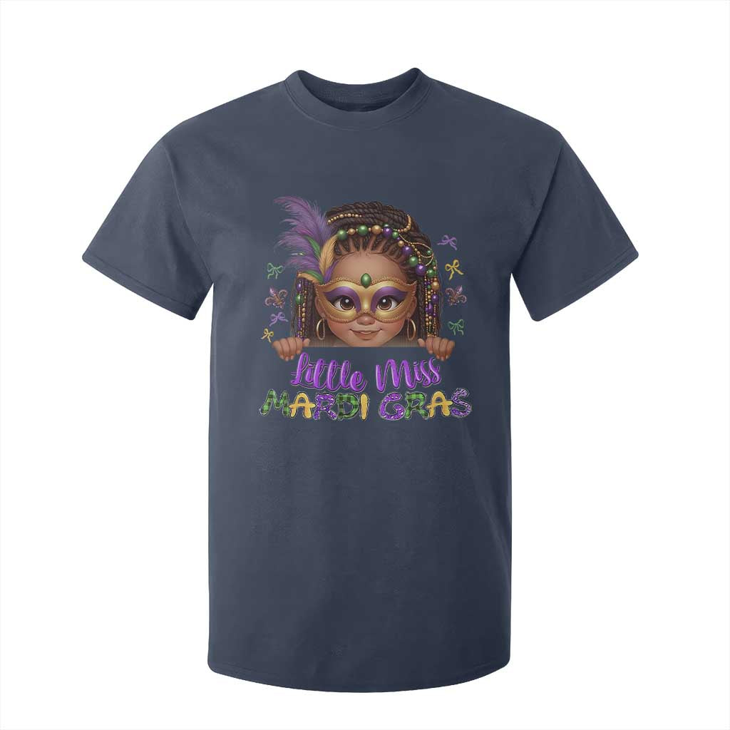 Little Miss Mardi Gras T Shirt For Kid Afro Messy Bun Girls Kids Mask Cute New Orleans TS10 Navy Print Your Wear