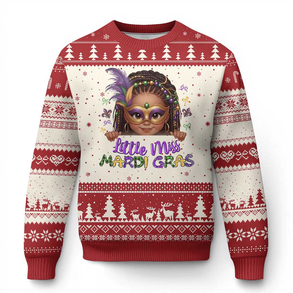 Little Miss Mardi Gras Ugly Christmas Sweater Afro Messy Bun Girls Kids Mask Cute New Orleans TS10 Beige Red Print Your Wear