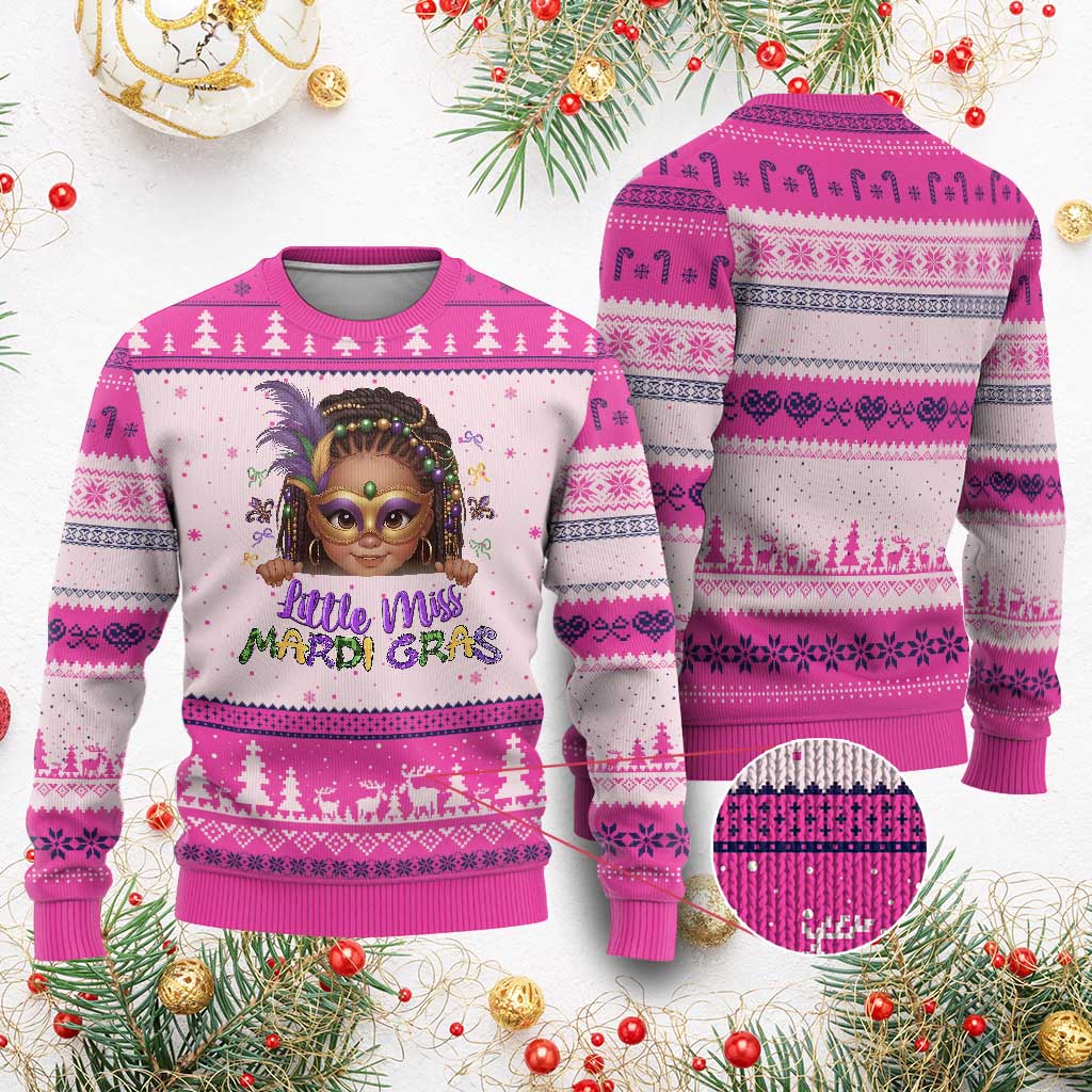 Little Miss Mardi Gras Ugly Christmas Sweater Afro Messy Bun Girls Kids Mask Cute New Orleans TS10 Hot Pink Print Your Wear