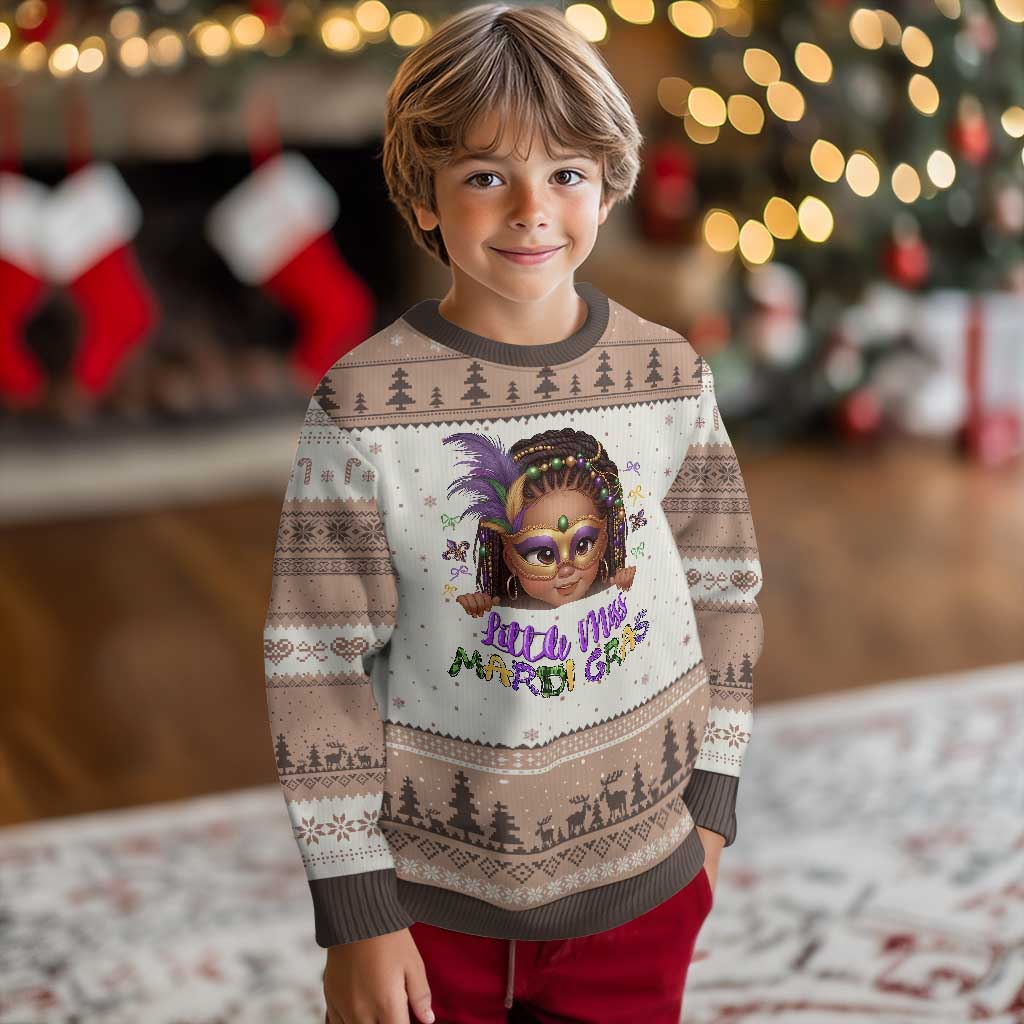 Little Miss Mardi Gras Ugly Christmas Sweater Afro Messy Bun Girls Kids Mask Cute New Orleans TS10 Mocha Mousse Print Your Wear