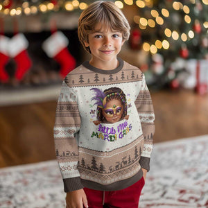 Little Miss Mardi Gras Ugly Christmas Sweater Afro Messy Bun Girls Kids Mask Cute New Orleans TS10 Mocha Mousse Print Your Wear