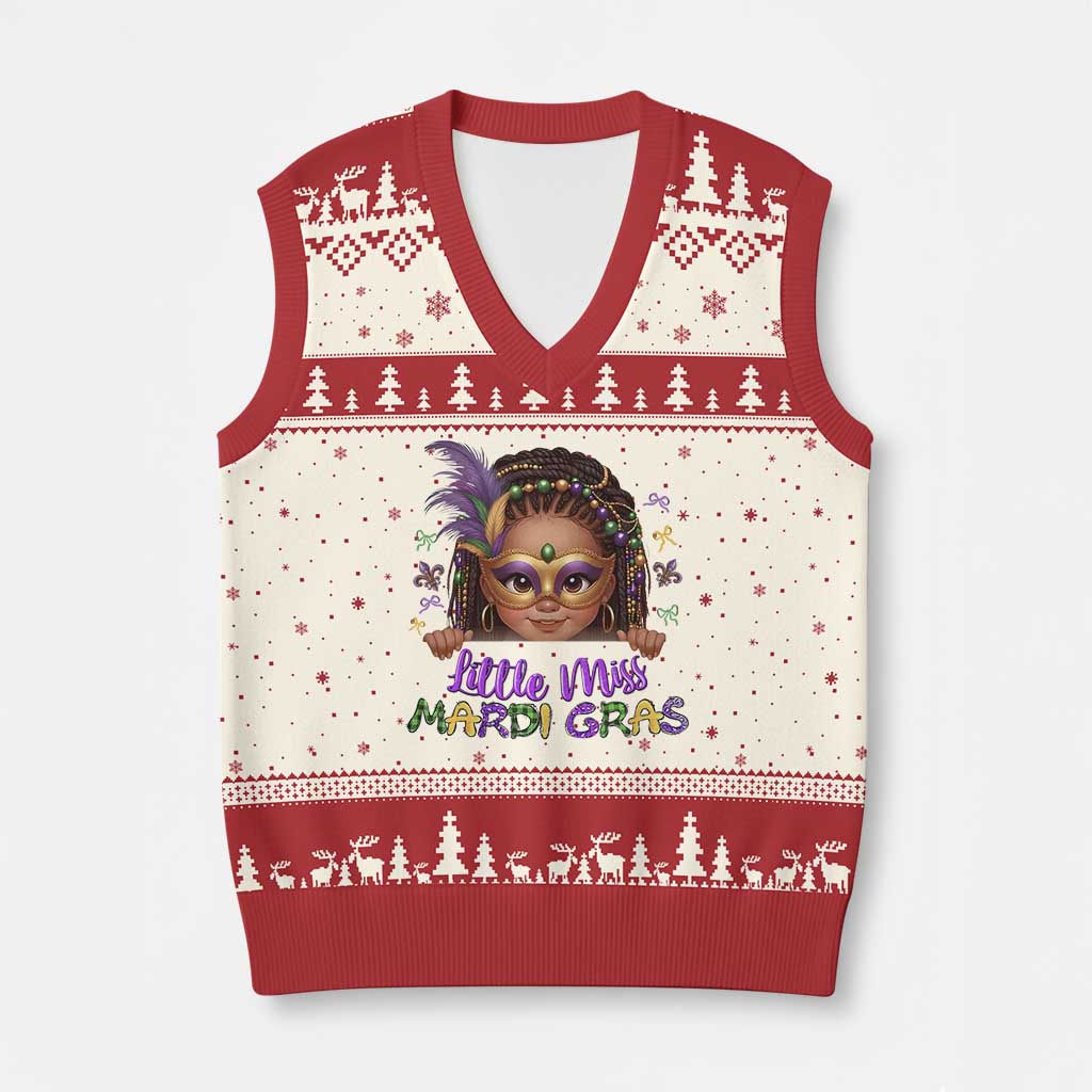 Little Miss Mardi Gras V-Neck Knit Sweater Vest Afro Messy Bun Girls Kids Mask Cute New Orleans TS10 Beige Red Print Your Wear