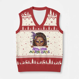 Little Miss Mardi Gras V-Neck Knit Sweater Vest Afro Messy Bun Girls Kids Mask Cute New Orleans TS10 Beige Red Print Your Wear