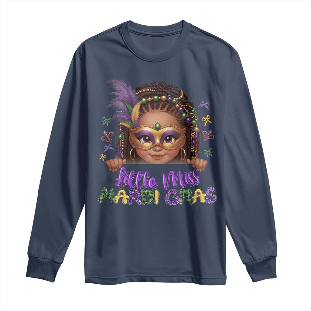 Little Miss Mardi Gras Long Sleeve Shirt Afro Messy Bun Girls Kids Mask Cute New Orleans TS10 Navy Print Your Wear