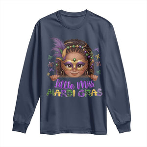 Little Miss Mardi Gras Long Sleeve Shirt Afro Messy Bun Girls Kids Mask Cute New Orleans TS10 Navy Print Your Wear
