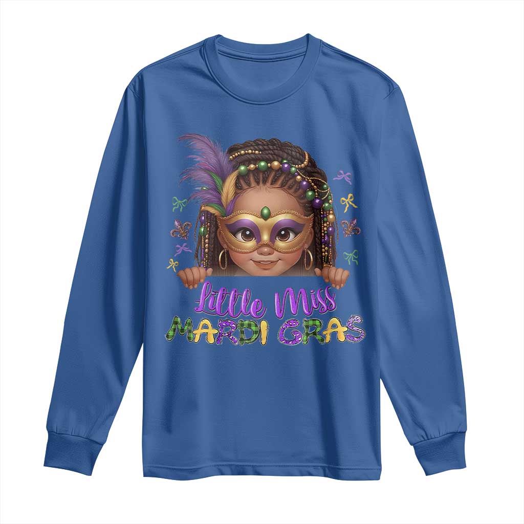 Little Miss Mardi Gras Long Sleeve Shirt Afro Messy Bun Girls Kids Mask Cute New Orleans TS10 Royal Blue Print Your Wear