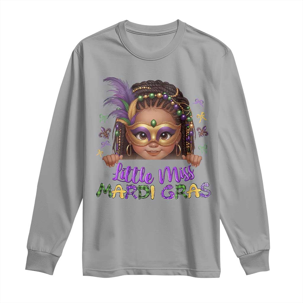 Little Miss Mardi Gras Long Sleeve Shirt Afro Messy Bun Girls Kids Mask Cute New Orleans TS10 Sport Gray Print Your Wear
