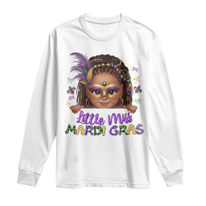Little Miss Mardi Gras Long Sleeve Shirt Afro Messy Bun Girls Kids Mask Cute New Orleans TS10 White Print Your Wear