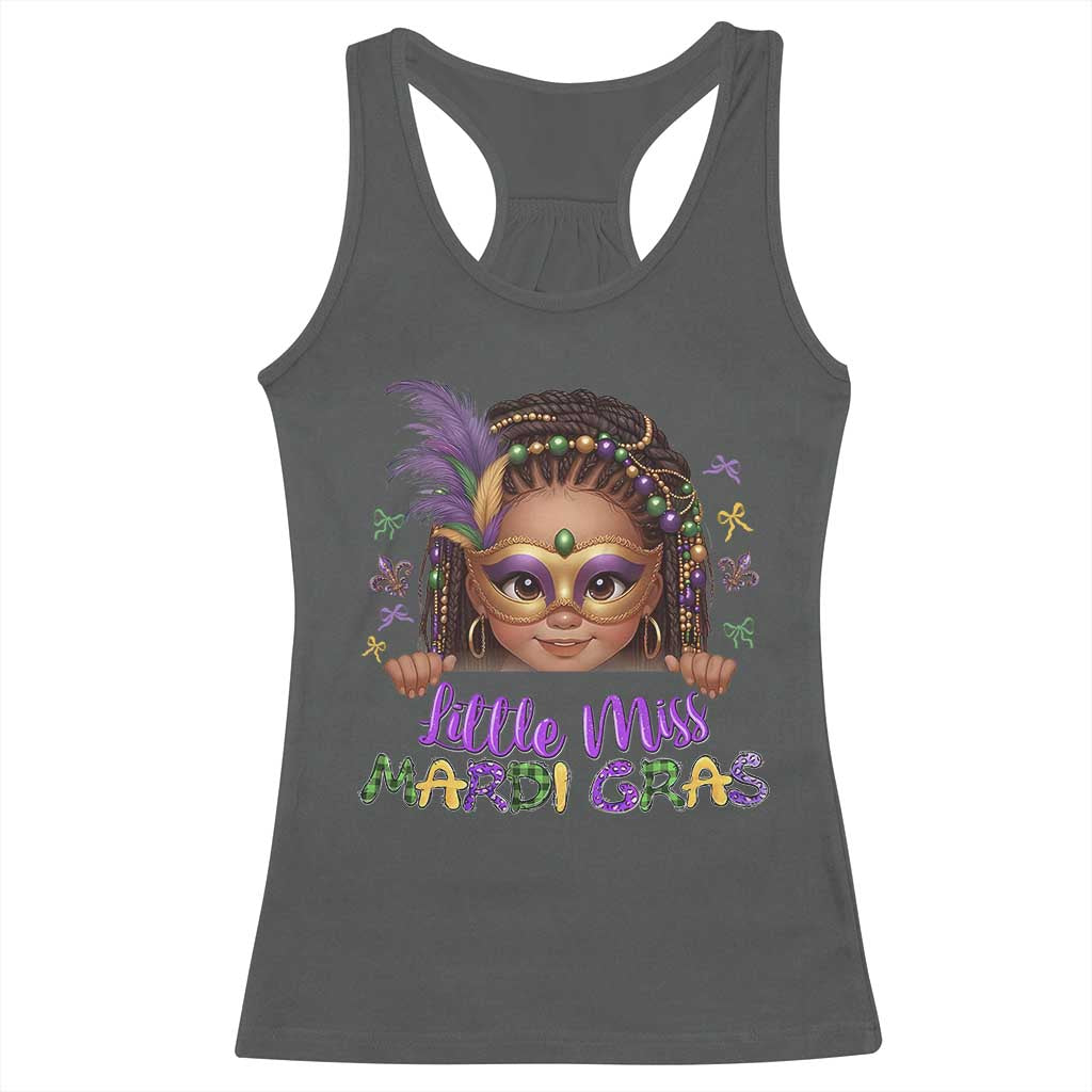 Little Miss Mardi Gras Racerback Tank Top Afro Messy Bun Girls Kids Mask Cute New Orleans TS10 Dark Heather Print Your Wear
