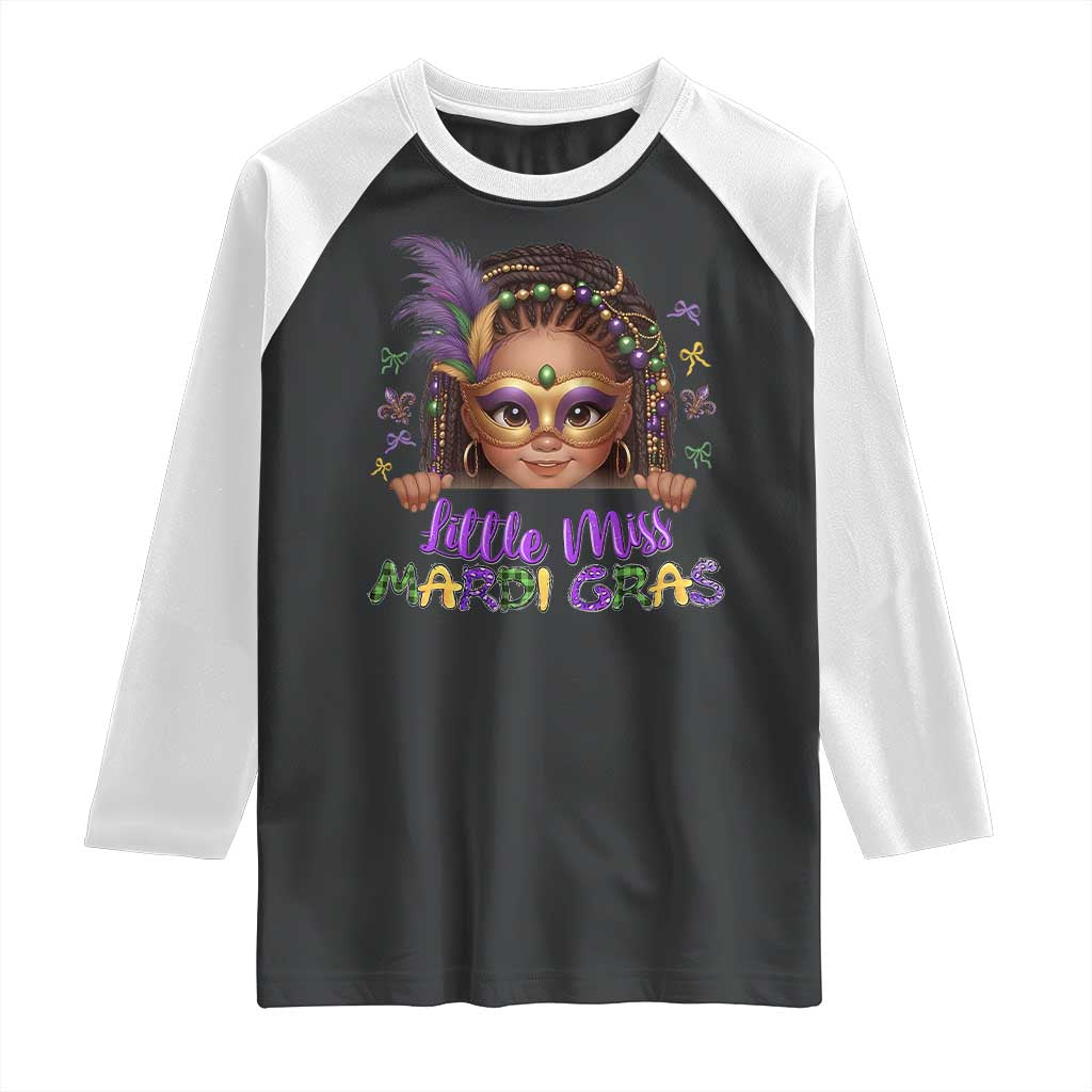 Little Miss Mardi Gras Raglan Shirt Afro Messy Bun Girls Kids Mask Cute New Orleans TS10 Black White Print Your Wear