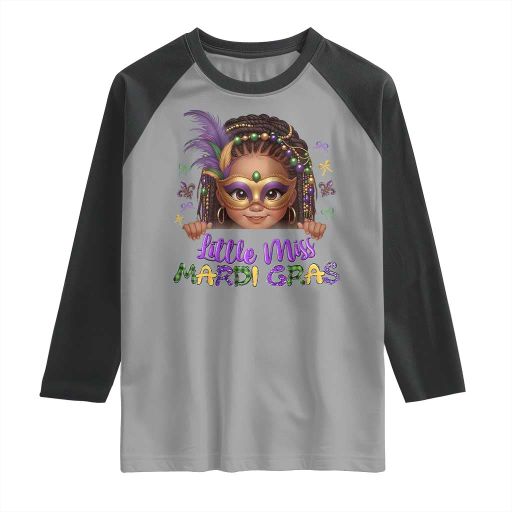 Little Miss Mardi Gras Raglan Shirt Afro Messy Bun Girls Kids Mask Cute New Orleans TS10 Sport Gray Black Print Your Wear