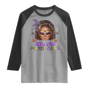 Little Miss Mardi Gras Raglan Shirt Afro Messy Bun Girls Kids Mask Cute New Orleans TS10 Sport Gray Black Print Your Wear