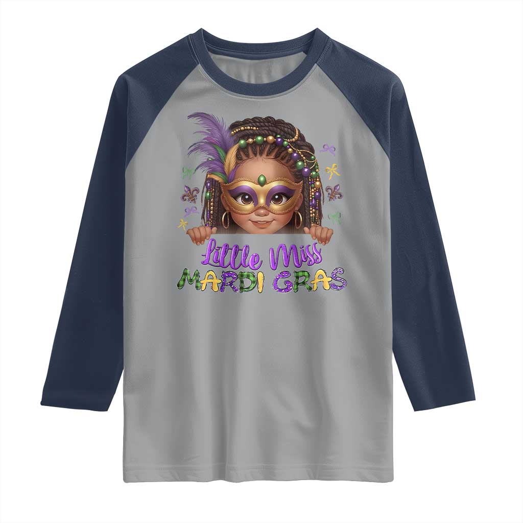 Little Miss Mardi Gras Raglan Shirt Afro Messy Bun Girls Kids Mask Cute New Orleans TS10 Sport Gray Navy Print Your Wear