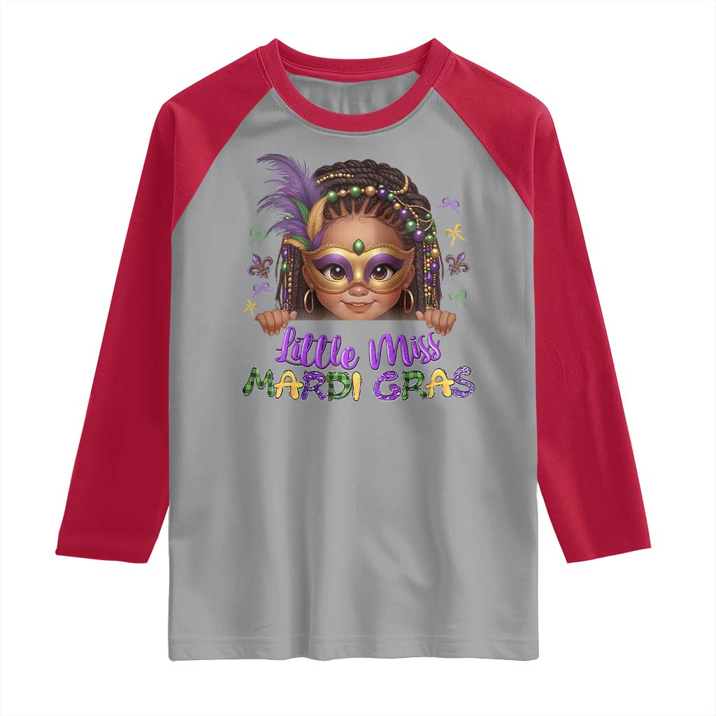 Little Miss Mardi Gras Raglan Shirt Afro Messy Bun Girls Kids Mask Cute New Orleans TS10 Sport Gray Red Print Your Wear