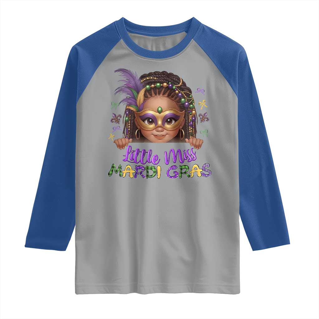 Little Miss Mardi Gras Raglan Shirt Afro Messy Bun Girls Kids Mask Cute New Orleans TS10 Sport Gray Royal Print Your Wear