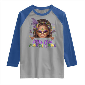 Little Miss Mardi Gras Raglan Shirt Afro Messy Bun Girls Kids Mask Cute New Orleans TS10 Sport Gray Royal Print Your Wear