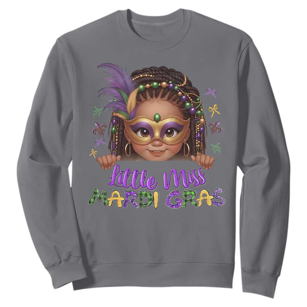 Little Miss Mardi Gras Sweatshirt Afro Messy Bun Girls Kids Mask Cute New Orleans TS10 Charcoal Print Your Wear