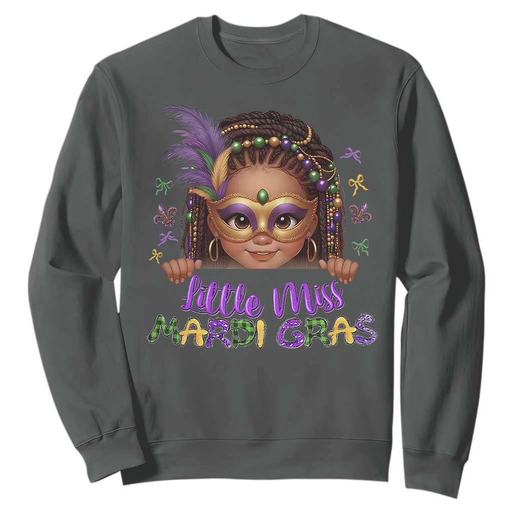 Little Miss Mardi Gras Sweatshirt Afro Messy Bun Girls Kids Mask Cute New Orleans TS10 Dark Heather Print Your Wear