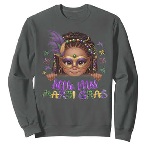 Little Miss Mardi Gras Sweatshirt Afro Messy Bun Girls Kids Mask Cute New Orleans TS10 Dark Heather Print Your Wear