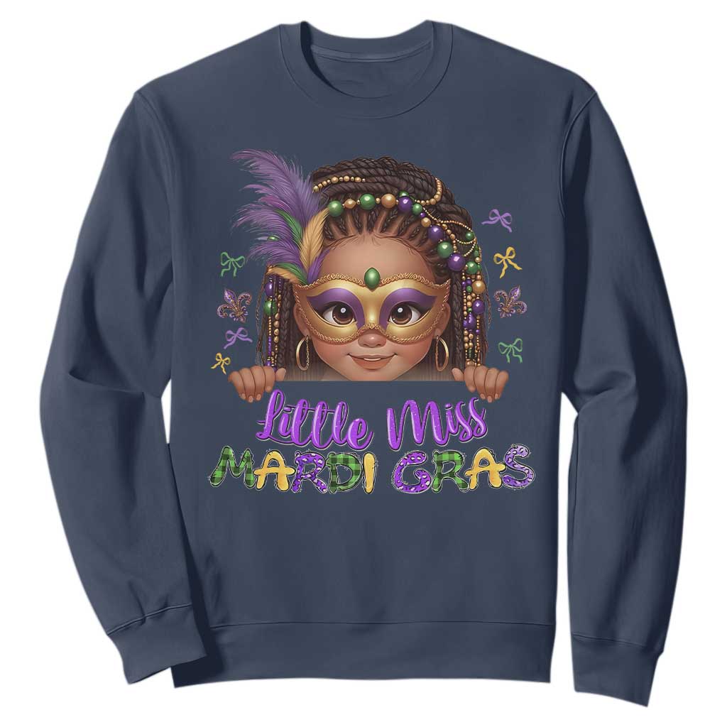 Little Miss Mardi Gras Sweatshirt Afro Messy Bun Girls Kids Mask Cute New Orleans TS10 Navy Print Your Wear