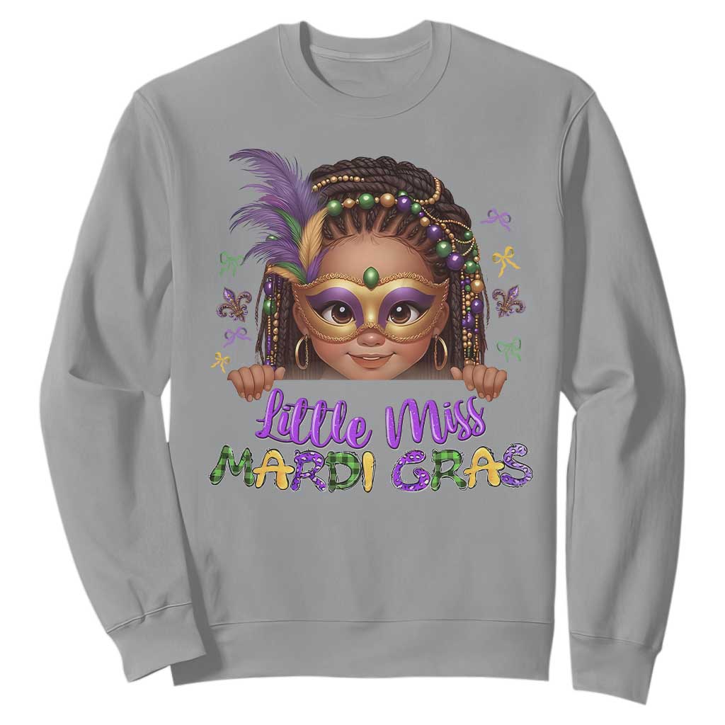 Little Miss Mardi Gras Sweatshirt Afro Messy Bun Girls Kids Mask Cute New Orleans TS10 Sport Gray Print Your Wear