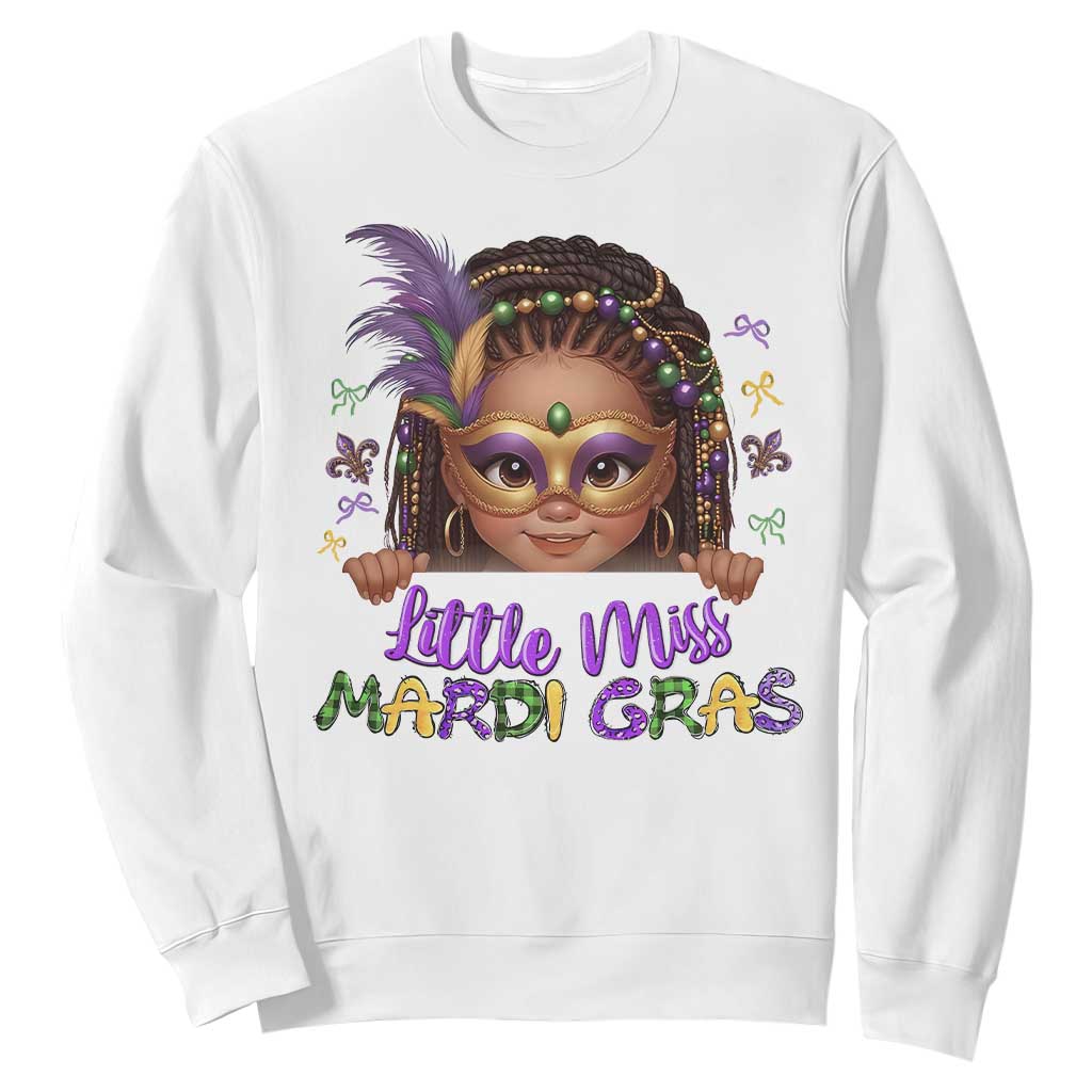 Little Miss Mardi Gras Sweatshirt Afro Messy Bun Girls Kids Mask Cute New Orleans TS10 White Print Your Wear