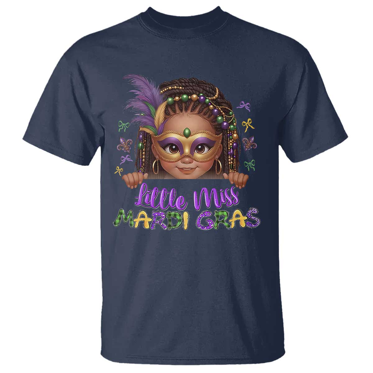 Little Miss Mardi Gras T Shirt Afro Messy Bun Girls Kids Mask Cute New Orleans TS10 Navy Print Your Wear