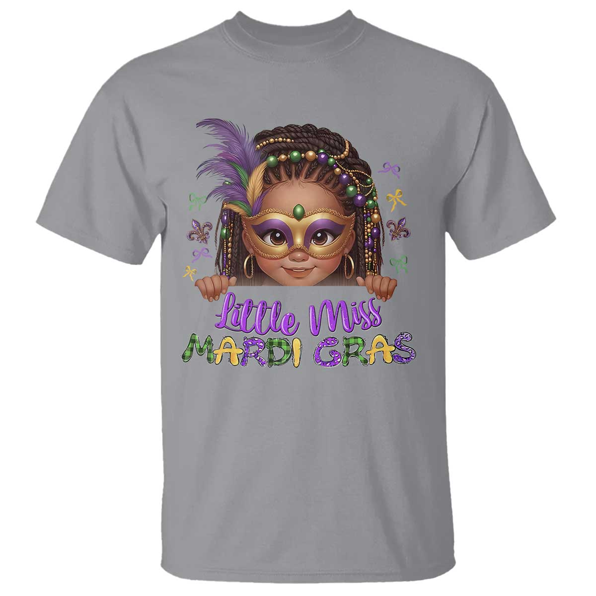 Little Miss Mardi Gras T Shirt Afro Messy Bun Girls Kids Mask Cute New Orleans TS10 Sport Gray Print Your Wear